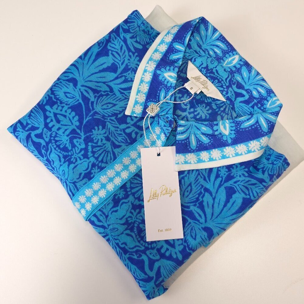 Lilly Pulitzer Breeze Aqua Jungle Escape Engineered Woven Kiran Button Down Top - Picture 7 of 10